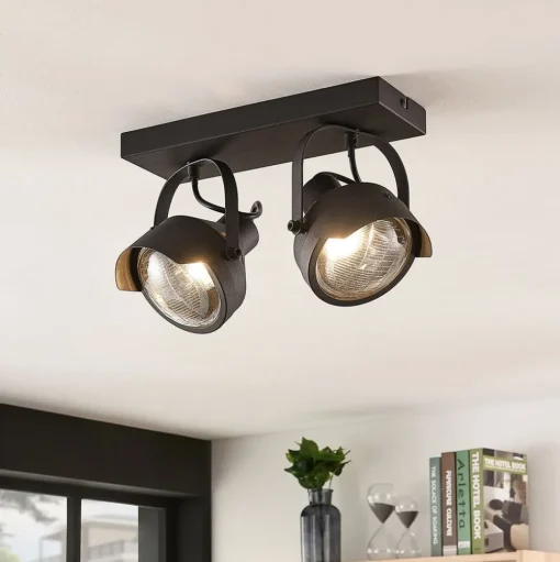 Koplamp-plafondspot Henega, zwart, met 2 lampjes