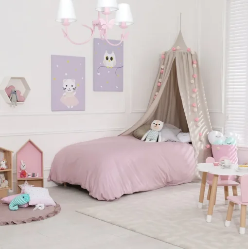 Kroonluchter Alice, roze, drie witte stoffen kappen