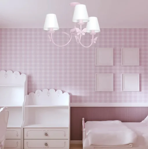 Kroonluchter Alice, roze, drie witte stoffen kappen