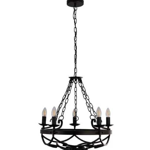 Kroonluchter Cartwheel III, 5-lamps, Ø 54 cm, zwart, metaal