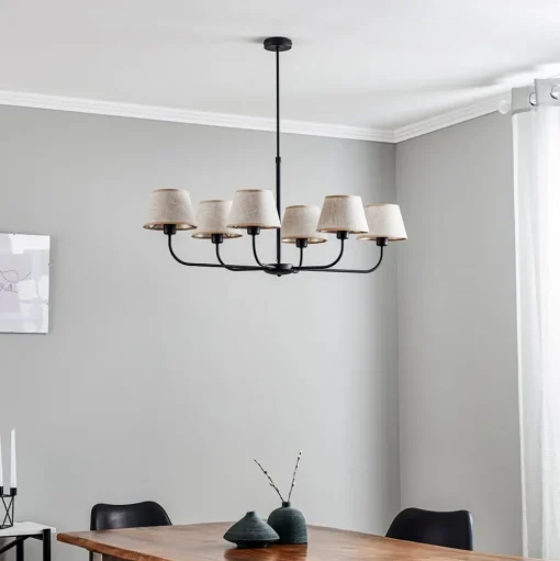 Kroonluchter Chicago, linnen lampenkappen, 6-lamps