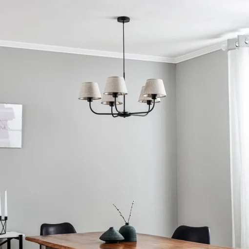 Kroonluchter Chicago, linnen lampenkappen, 5-lamps