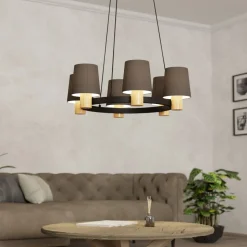 Kroonluchter Edale, 6x stoffen kap cappuccino rond