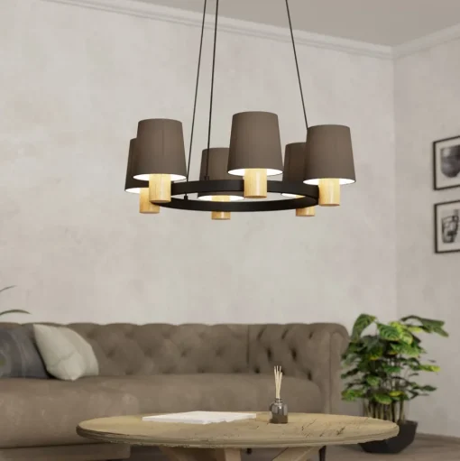 Kroonluchter Edale, 6x stoffen kap cappuccino rond