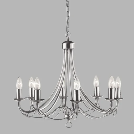 Kroonluchter Maypole satijn zilver, 8-lamps
