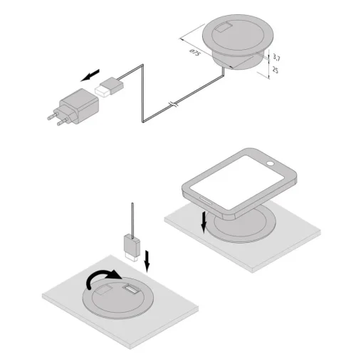 Laadstekker, rond, zwart, Qi en 1x USB