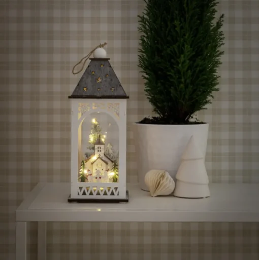 LED decoratie-lantaarn met kerk in winter