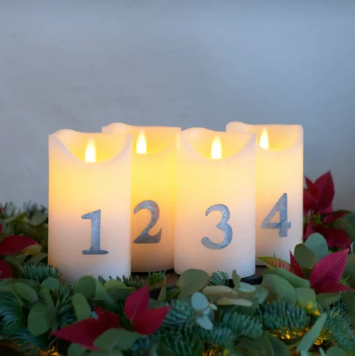 LED kaars Sara Advent 4st hoogte 12,5cm wit/zilver