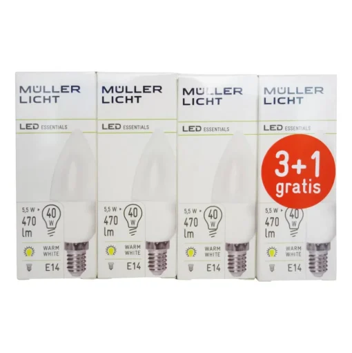 LED kaarslamp E14 5,5W 2.700K set 3+1 470lm mat