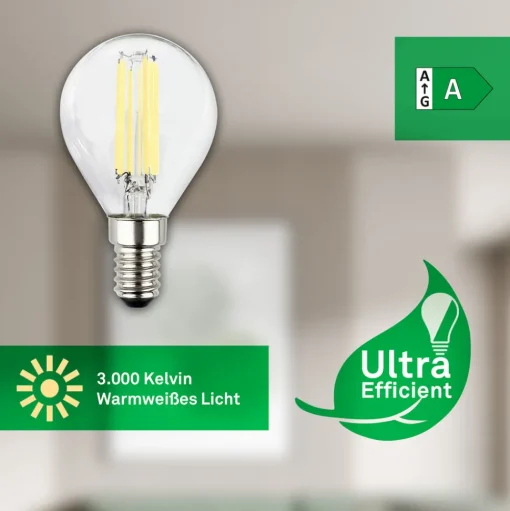 LED lamp druppel E14 4W helder 3000K 840lm EEK A 2er