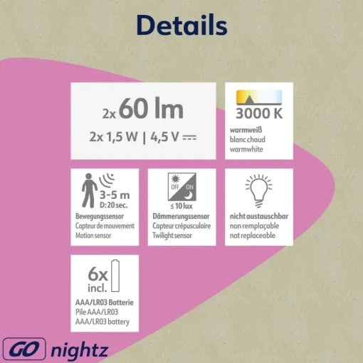 LED nachtlampje Nova, sensor, wit, kunststof, 2-pak