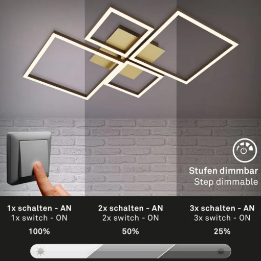 LED plafondlamp Frame, goud, dimbaar, 4-lamps