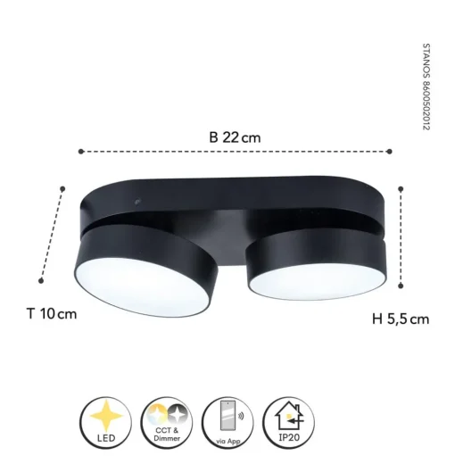 LED plafondspot Stanos, CCT, 2-lamps, zwart