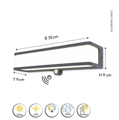 LED solar wandlamp Doblo met sensor, breedte 35cm