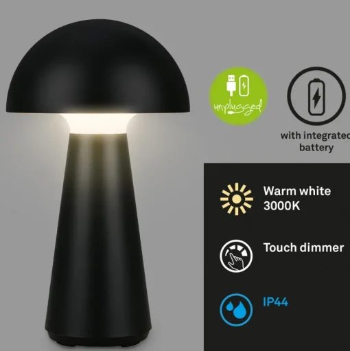 LED tafellamp Fungo, oplaadbaar, zwart