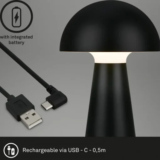 LED tafellamp Fungo, oplaadbaar, zwart