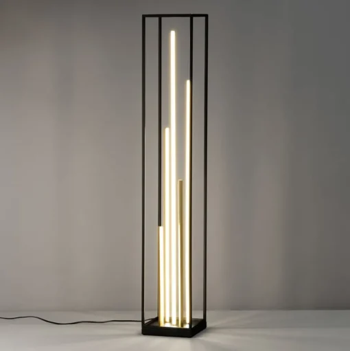 LED vloerlamp Grid, zwart/goud, metaal, CCT, dimbaar