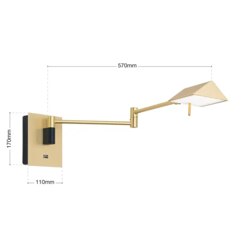 LED wandlamp Boston met USB-stopcontact, messing