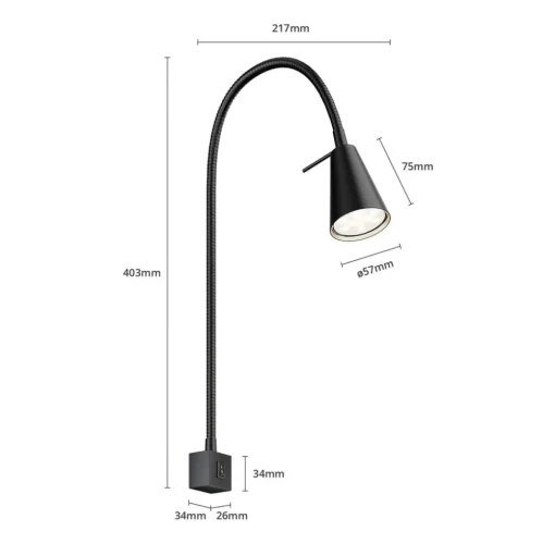 LED wandlamp Tuso, zwart, montage op bed, metaal
