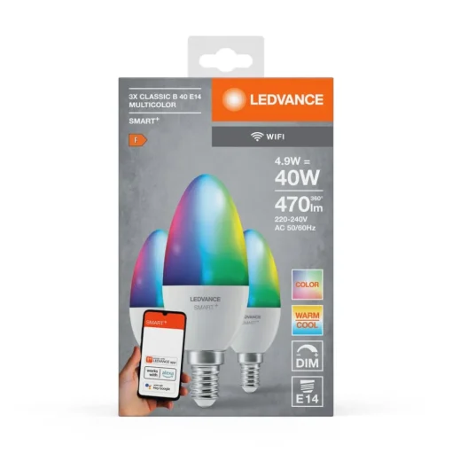LEDVANCE SMART+ LED, kaars, E14, 4,9 W, CCT, RGB, WiFi, 3 eenheden