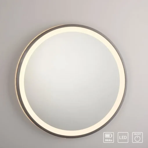 LED-wandspiegel VIDRO, grijs, Ø 46 cm, powerbank, schakelaar
