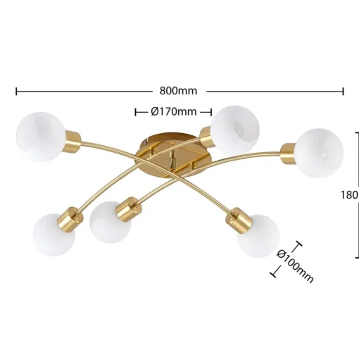 Lindby Agmar plafondlamp, messing, 6-lamps