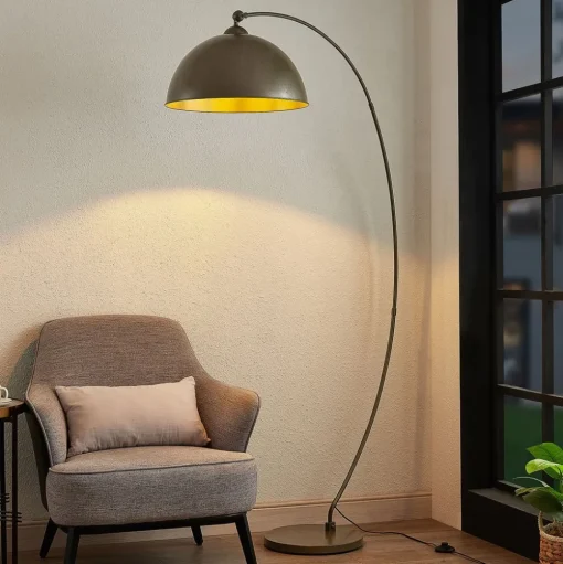 Lindby booglamp Jonera, grijs, metaal, E27, 185 cm hoog