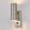Lindby buitenwandlamp Eyrin, hoogte 22 cm, roestvrij staal, sensor