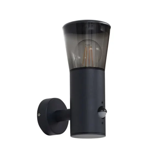 Lindby buitenwandlamp Heulo, Ø 10,5 cm, rookgrijs, sensor
