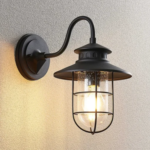 Lindby buitenwandlamp Kyan, hoogte 32 cm, zwart, IP44, E27