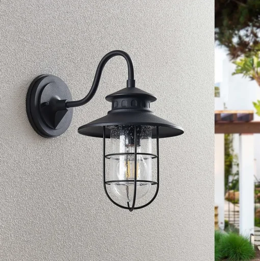 Lindby buitenwandlamp Kyan, hoogte 32 cm, zwart, IP44, E27