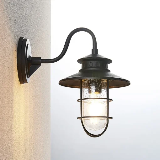 Lindby buitenwandlamp Kyan, hoogte 32 cm, zwart, IP44, E27
