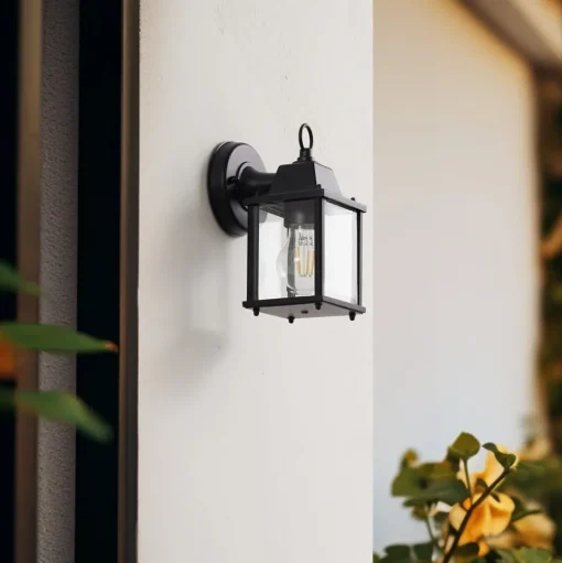 Lindby buitenwandlamp Rurik, zwart, glas, aluminium, E27