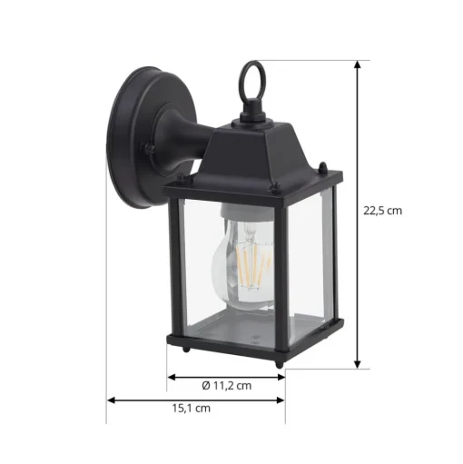 Lindby buitenwandlamp Rurik, zwart, glas, aluminium, E27
