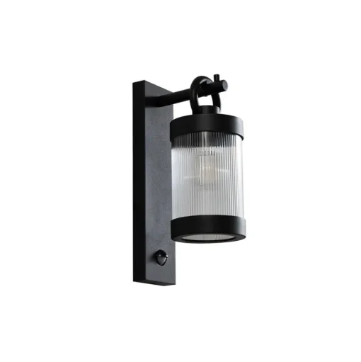 Lindby buitenwandlamp Yrene, 20cm, zwart, sensor, riffle