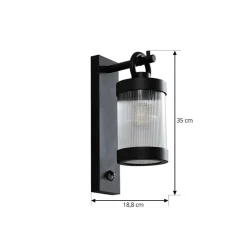 Lindby buitenwandlamp Yrene, 20cm, zwart, sensor, riffle