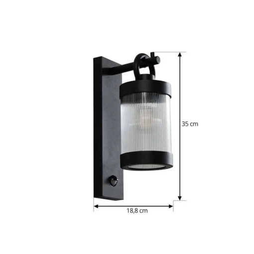 Lindby buitenwandlamp Yrene, 20cm, zwart, sensor, riffle