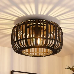 Lindby Canyana plafondlamp, zwart, rotan, Ø 40 cm