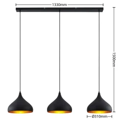 Lindby Elamira hanglamp, zwart, metaal, 133cm, 3-lamps.
