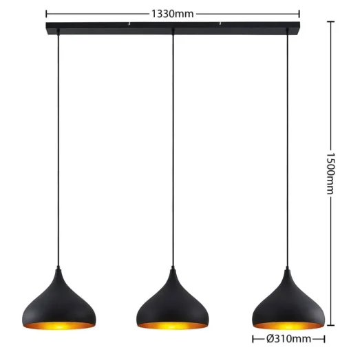 Lindby Elamira hanglamp, zwart, metaal, 133cm, 3-lamps.