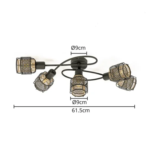 Lindby Eudoria plafondlamp 5-lamps zwart/goud