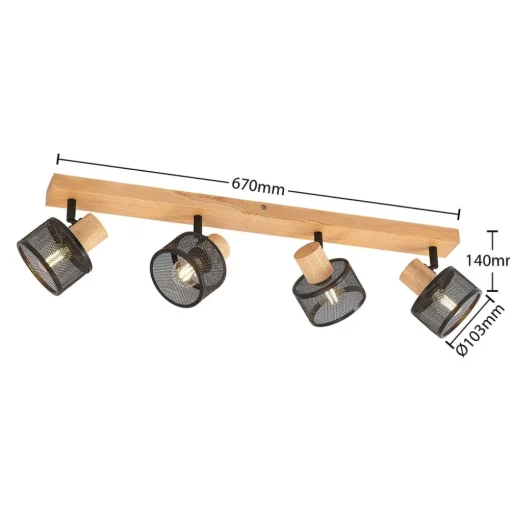 Lindby Evinora plafondspot, 77 cm, zwart, 4-lamps, hout