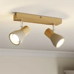 Lindby Filiz spot, 2-lamps, 27 cm, hout, beton, E14