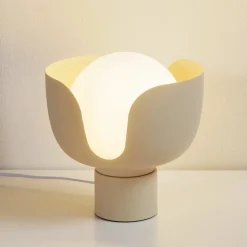 Lindby Fiora tafellamp, beige, glas, metaal, Ø 20 cm