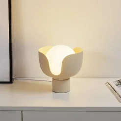 Lindby Fiora tafellamp, beige, glas, metaal, Ø 20 cm
