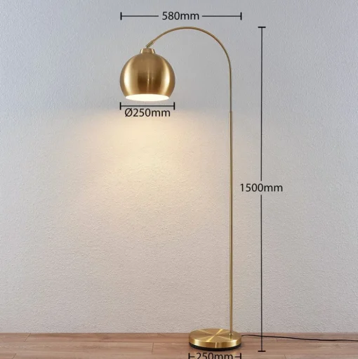 Lindby gebogen vloerlamp Moisia, messingkleurig, metaal, 148 cm