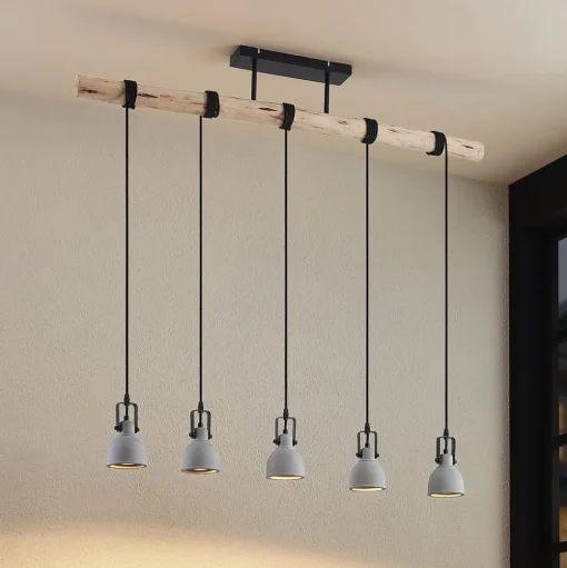 Lindby hanglamp Amilia, hout/beton, 5-lamps, 116 cm, GU10