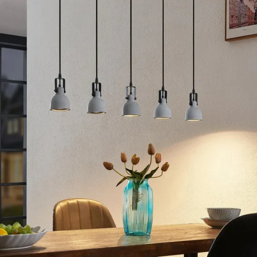 Lindby hanglamp Amilia, hout/beton, 5-lamps, 116 cm, GU10