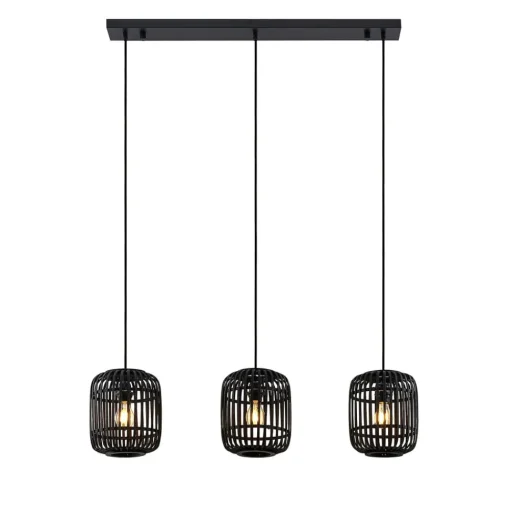 Lindby hanglamp Canyana, zwart, 3-lamps, rotan, 105 cm