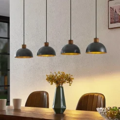 Lindby hanglamp Durbis, 116 cm, 4-lamps, grijs, hout, E27